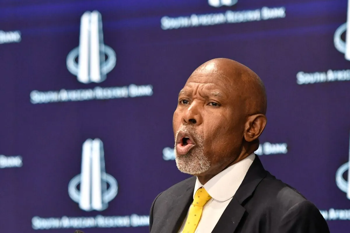 South Africa central bank maintaining interest rates amid rising inflation fears, with charts showing bond yields and fuel price increases driven by the Iran conflict and global oil surge.