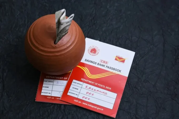 Illustration of post office savings schemes with fixed deposit certificates, interest rate charts, and secure savings visuals, highlighting time deposits as a proven low-risk investment option for FY 2026–27.