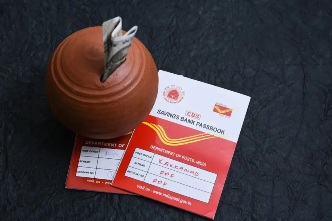 Illustration of post office savings schemes with fixed deposit certificates, interest rate charts, and secure savings visuals, highlighting time deposits as a proven low-risk investment option for FY 2026–27.