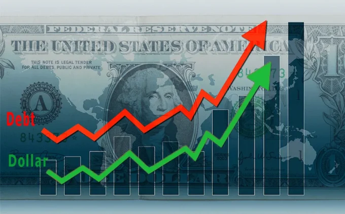 Close-up of US dollar bills with a market chart in the background, representing US Treasury yields, bond market movements, and interest-rate risk.