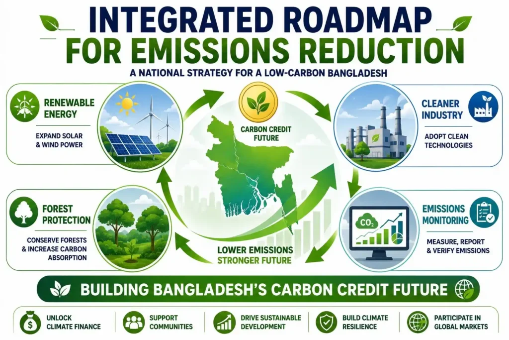 Infographic showing Bangladesh's roadmap for emissions reduction through renewable energy, clean industry, forest protection, and emissions monitoring.