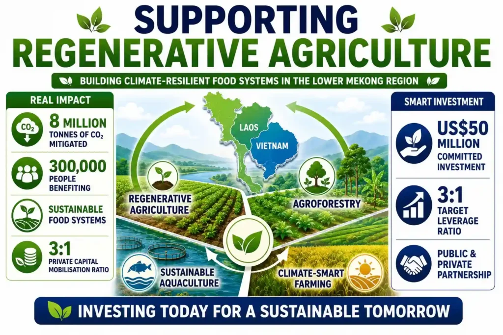Infographic showing regenerative agriculture and climate-smart farming supported by the Mekong Earth Regeneration Fund.