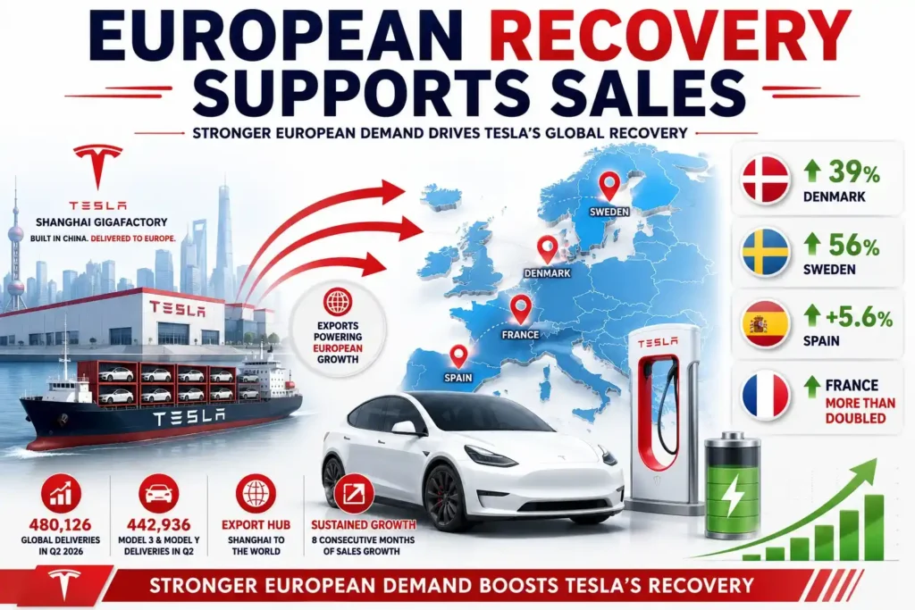 Infographic showing stronger European demand boosting Tesla's EV sales and exports from Shanghai.