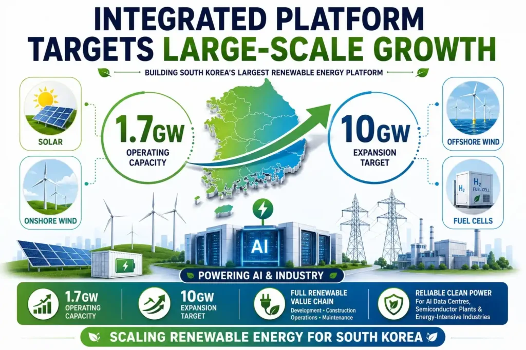 Infographic showing South Korea's renewable energy platform expanding from 1.7GW to a 10GW capacity target.