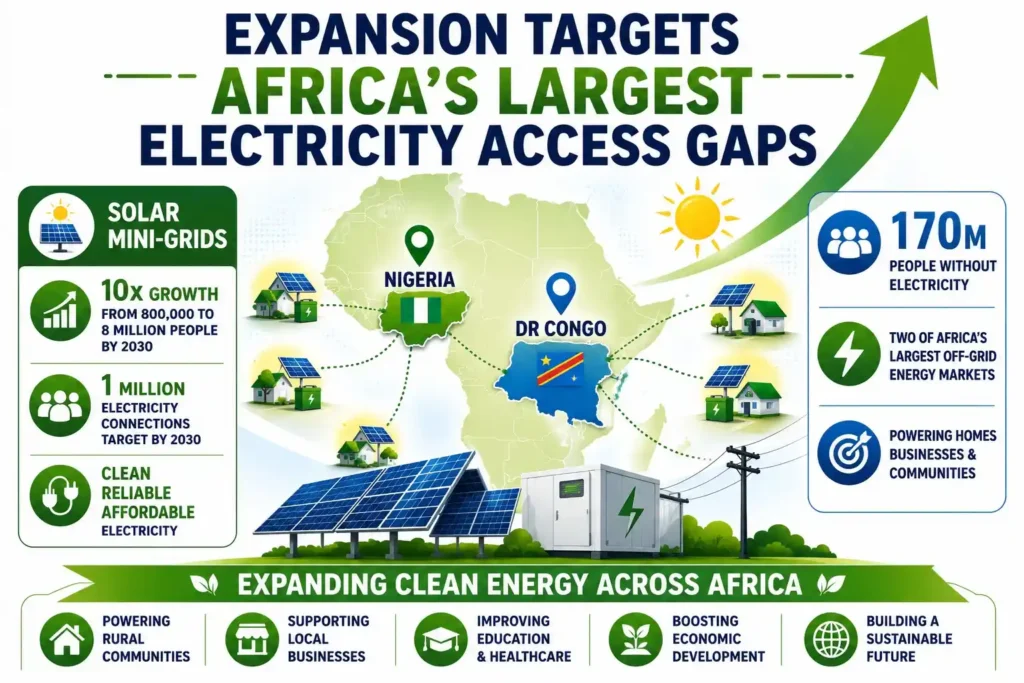 Infographic showing WeLight's solar mini-grid expansion into Nigeria and DR Congo to improve electricity access.