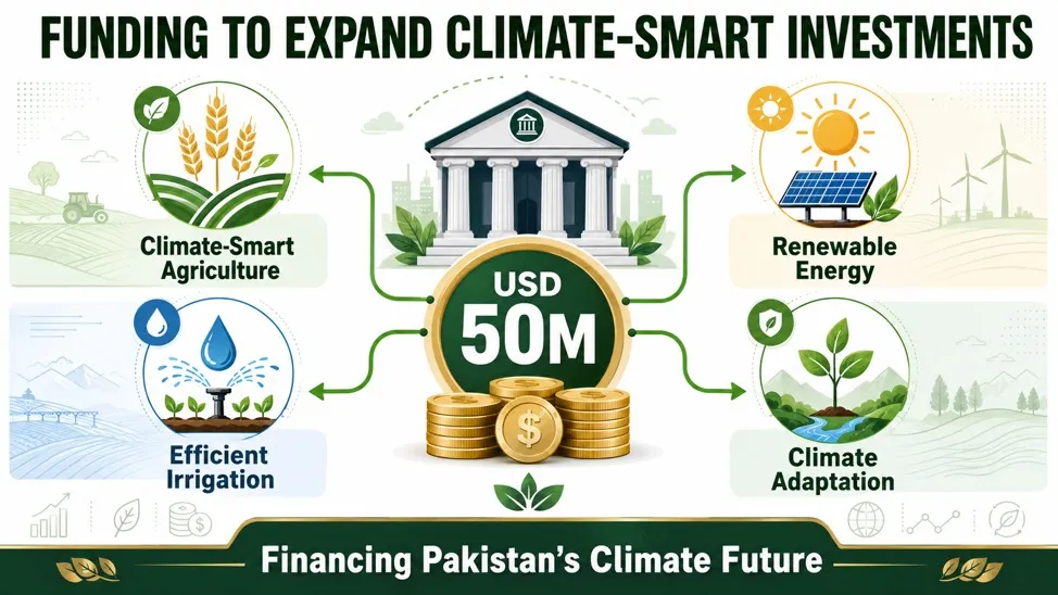Infographic showing Bank Alfalah's $50 million climate finance supporting agriculture, renewable energy, irrigation, and climate adaptation.