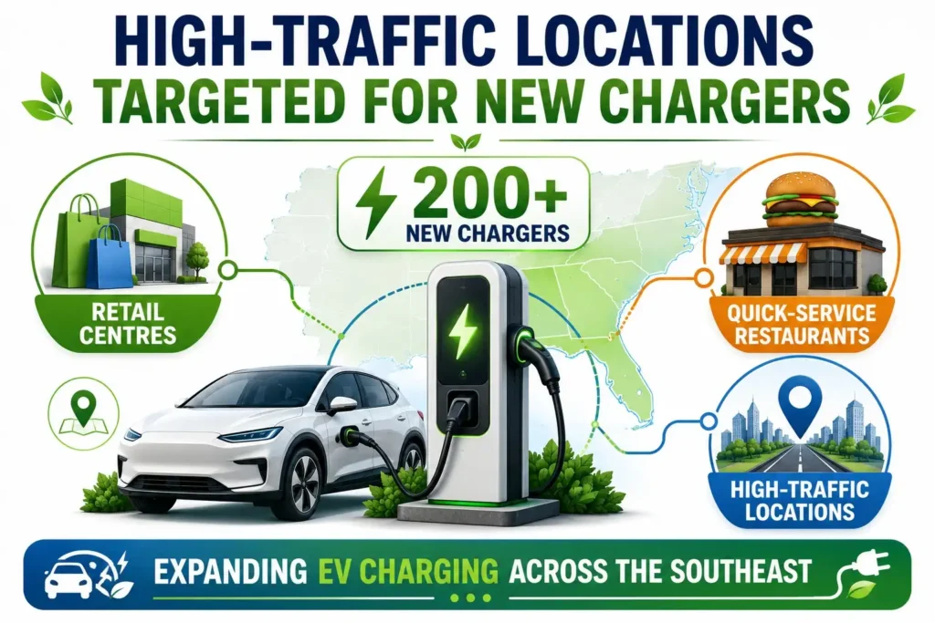 Infographic showing more than 200 new EV chargers planned for retail centres and high-traffic locations across the southeastern United States.