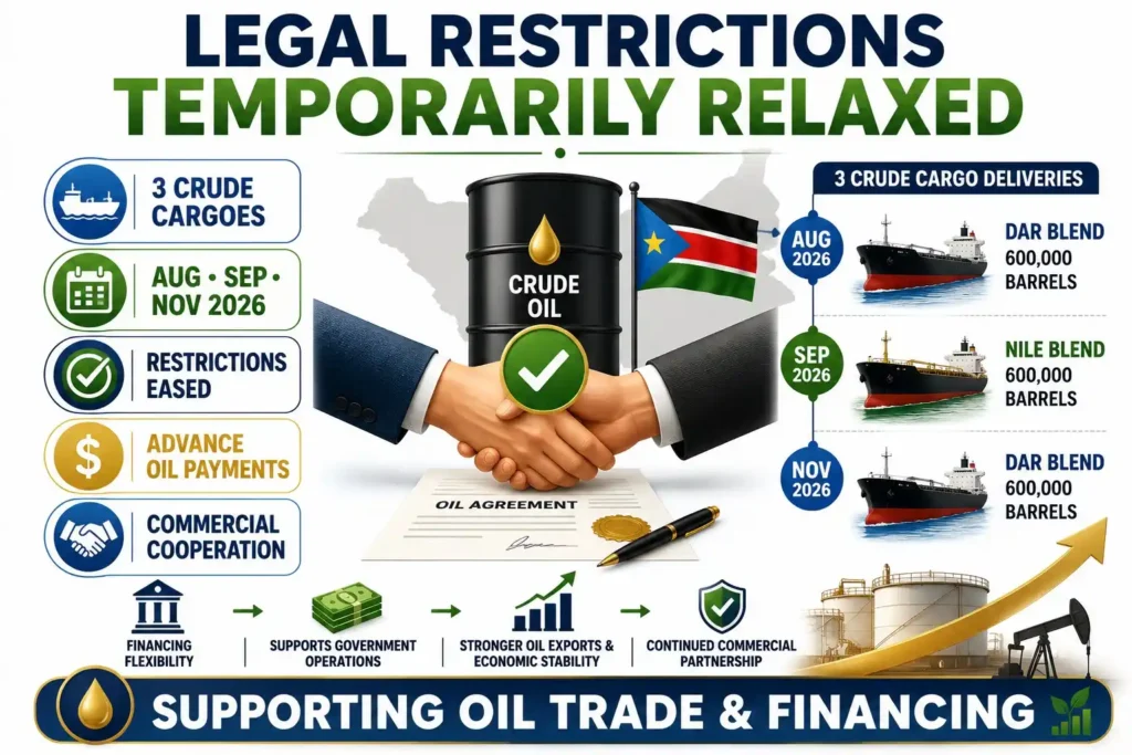 Infographic showing eased legal restrictions supporting three South Sudan crude oil cargo deliveries and continued oil-backed financing.