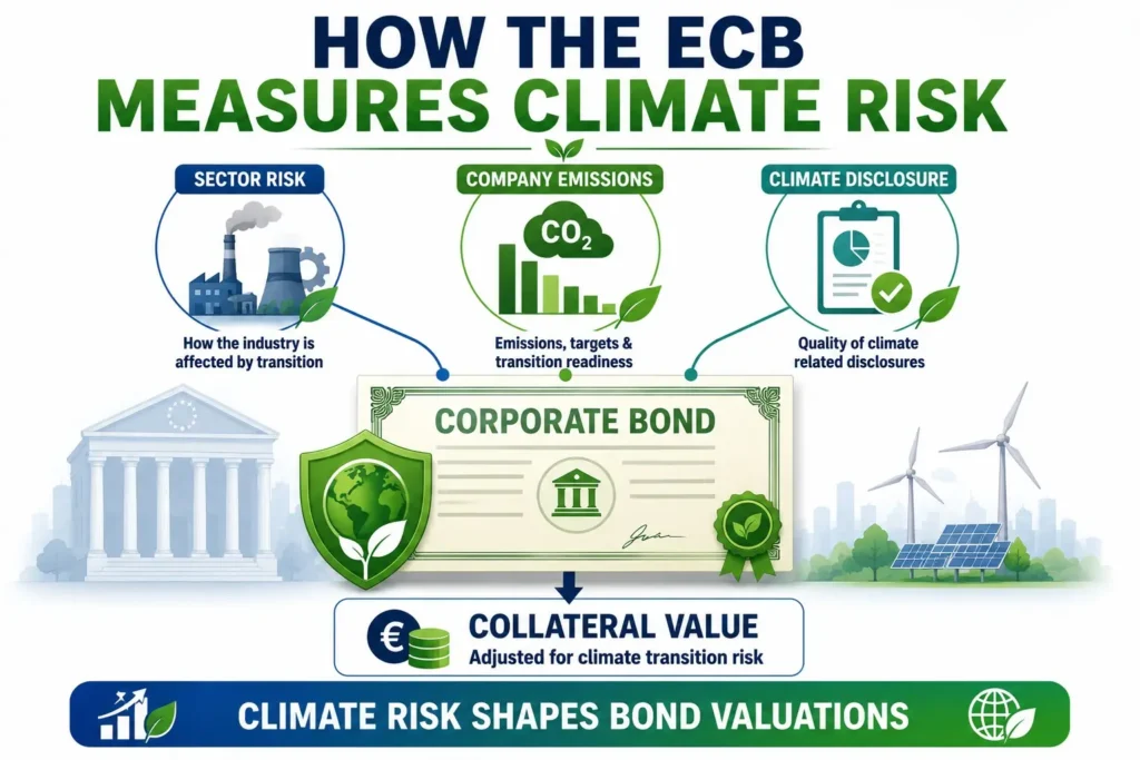 Infographic showing how the ECB measures climate risk using sector exposure, company emissions, and climate disclosures to determine corporate bond collateral values.