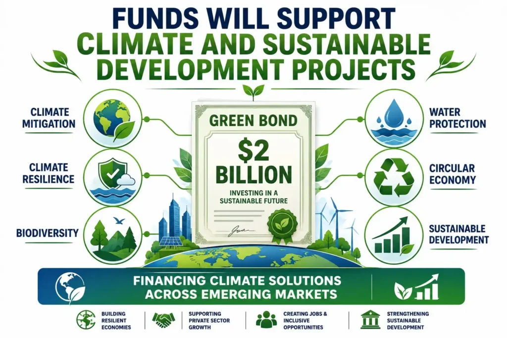 Infographic showing the climate and sustainable development projects financed by IFC's $2 billion green bond, including climate resilience, biodiversity, water protection, and the circular economy.