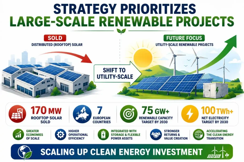 Infographic showing TotalEnergies' shift from 170 MW of rooftop solar across seven European countries to large-scale solar and wind projects targeting more than 75 GW of renewable capacity by 2030.