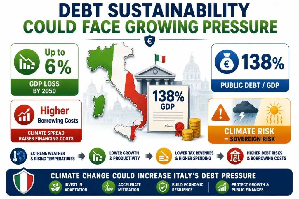 Infographic showing how climate change could reduce Italy's GDP by up to 6% by 2050 while increasing public debt risks and government borrowing costs.