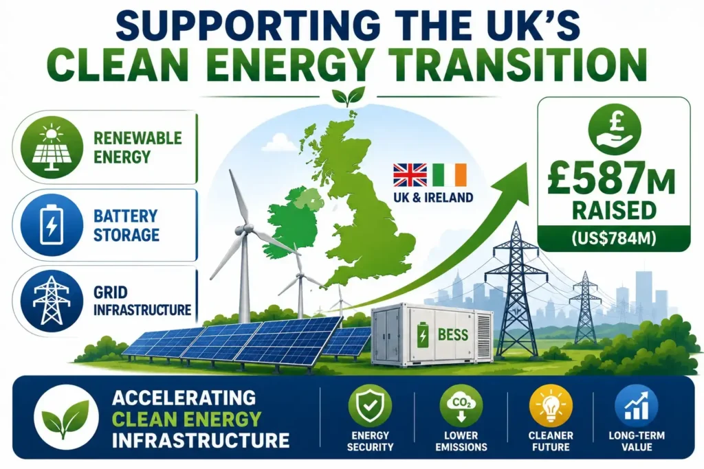 Infographic showing Quinbrook's £587 million clean energy fund supporting renewable energy, battery storage, and grid infrastructure across the UK and Ireland.