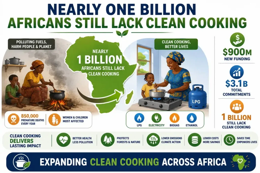 Infographic showing Africa's clean cooking funding and efforts to expand access to cleaner cooking technologies for nearly one billion people.