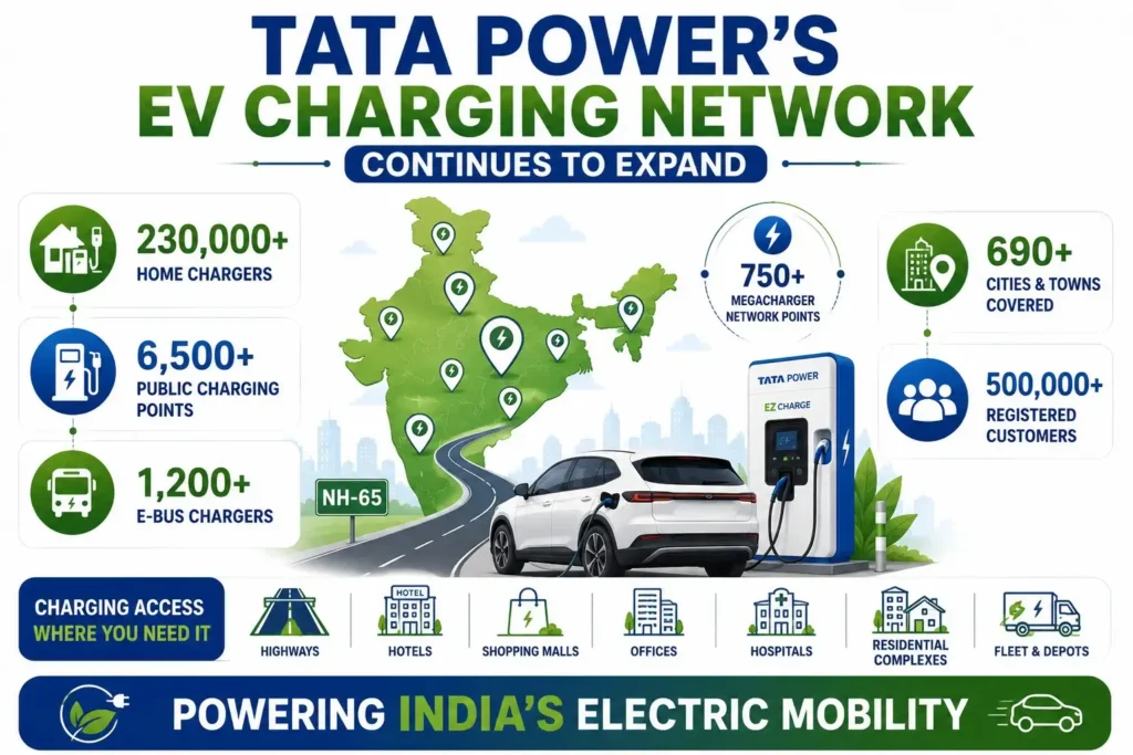 Infographic showing Tata Power's expanding EV charging network across India with over 230,000 home chargers, 6,500 public chargers, and coverage in more than 690 cities.
