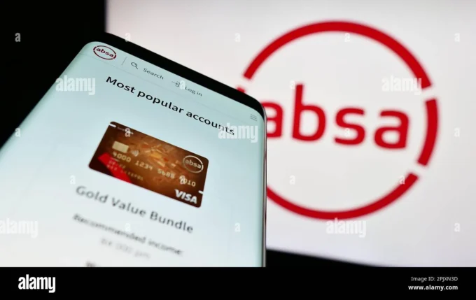 Smartphone displaying an Absa banking webpage in front of a large Absa logo, representing Absa digital banking, financial services and investor-facing transparency.