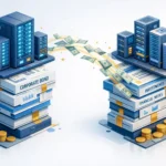 Illustration of data-center buildings, corporate bond documents, financial notes, coins, and money flows, representing AI debt supply and corporate bond market investment.