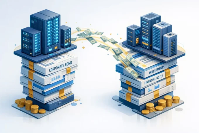 Illustration of data-center buildings, corporate bond documents, financial notes, coins, and money flows, representing AI debt supply and corporate bond market investment.