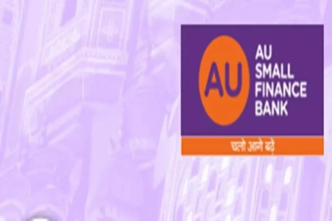 AU Small Finance Bank logo on a purple and orange background, representing NRI fixed deposit rates, FCNR deposits and NRE deposit products in India.
