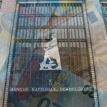 Banque Nationale de Belgique building overlaid with euro banknotes, representing Belgium government bond auctions and eurozone sovereign debt markets.