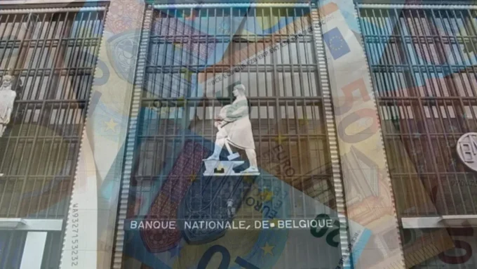 Banque Nationale de Belgique building overlaid with euro banknotes, representing Belgium government bond auctions and eurozone sovereign debt markets.