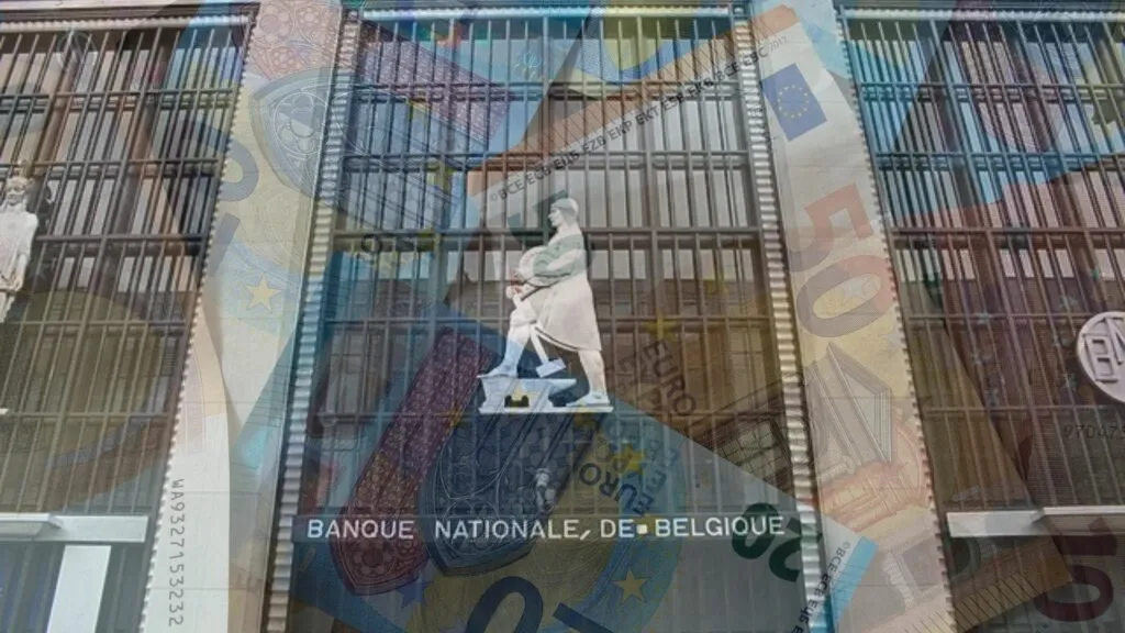 Banque Nationale de Belgique building overlaid with euro banknotes, representing Belgium government bond auctions and eurozone sovereign debt markets.