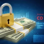 Stacks of US dollar bills with a gold padlock and financial graphics, representing CD rates, locked-in savings, and fixed deposit returns.