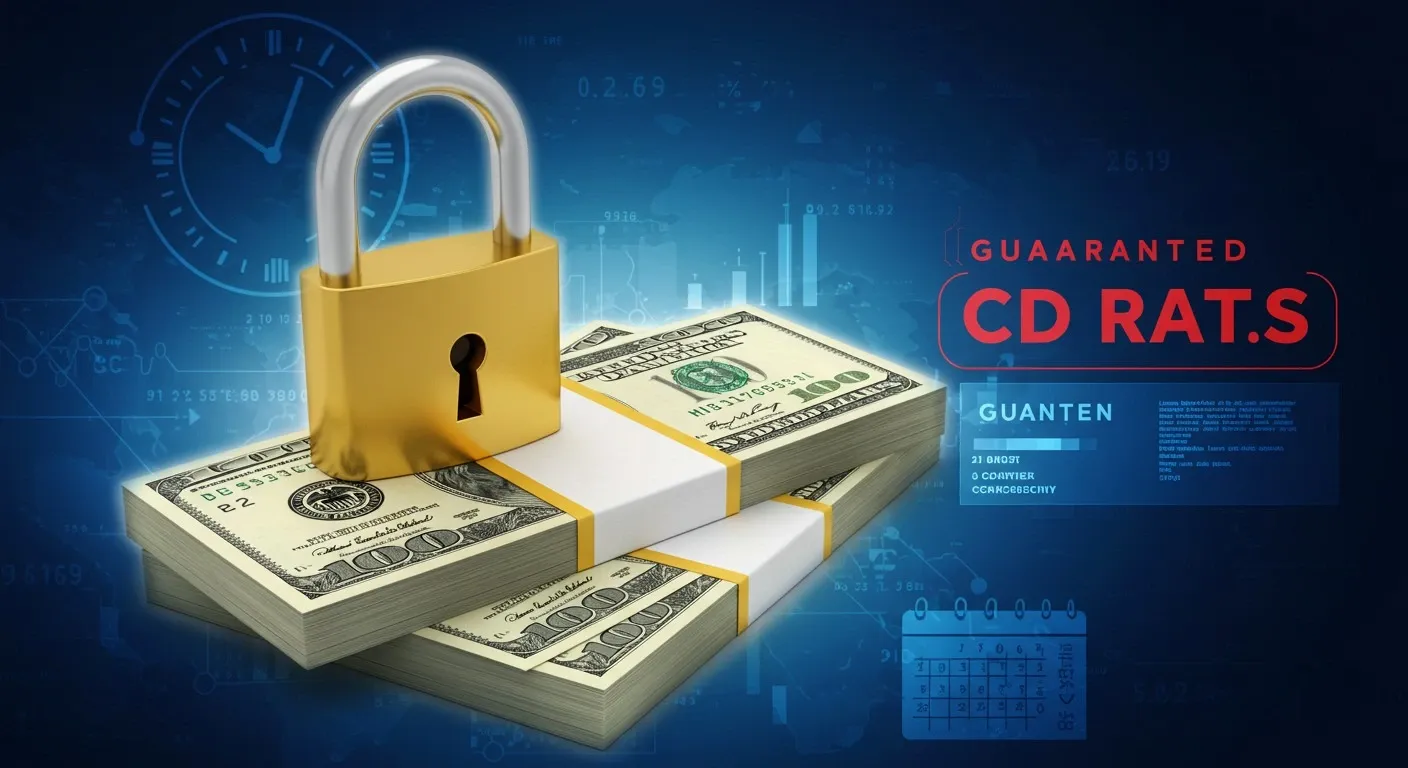 Stacks of US dollar bills with a gold padlock and financial graphics, representing CD rates, locked-in savings, and fixed deposit returns.