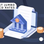 Illustration showing a bank icon, deposit document, coins, and the words Best Jumbo CD Rates, representing jumbo certificate of deposit savings and bank deposit returns.