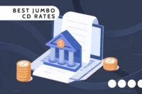 Illustration showing a bank icon, deposit document, coins, and the words Best Jumbo CD Rates, representing jumbo certificate of deposit savings and bank deposit returns.