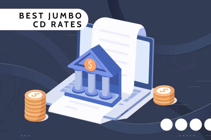 Illustration showing a bank icon, deposit document, coins, and the words Best Jumbo CD Rates, representing jumbo certificate of deposit savings and bank deposit returns.