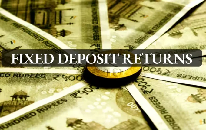 Graphic showing currency notes and the words Fixed Deposit Returns, representing fixed deposit income, saver returns, and interest-bearing bank deposits.