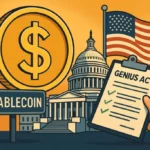 Illustration showing a dollar stablecoin, US Capitol, American flag, and GENIUS Act checklist, representing US stablecoin rules and digital-dollar regulation.