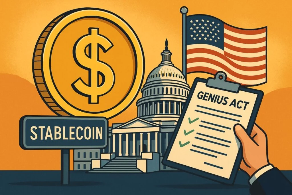 Illustration showing a dollar stablecoin, US Capitol, American flag, and GENIUS Act checklist, representing US stablecoin rules and digital-dollar regulation.