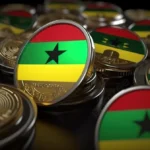 Metallic digital coins styled with the Ghana flag colours and black star, used to illustrate Ghana’s stablecoin regulation and virtual-asset market oversight.