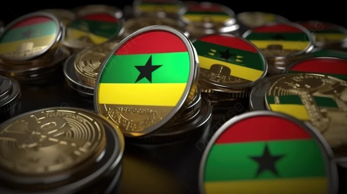Metallic digital coins styled with the Ghana flag colours and black star, used to illustrate Ghana’s stablecoin regulation and virtual-asset market oversight.