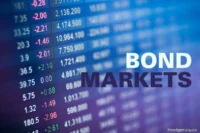 Digital trading screen with the words Bond Markets, representing global sovereign bonds, yield movements, fixed-income trading, and duration risk.