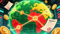 Digital graphic titled Global Stablecoin Regulations showing blockchain-style cubes and financial technology visuals, representing stablecoin regulation and global digital asset rules