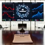 Boardroom with market screens showing AI investments, CPI next week, and stock charts, representing global stock market analysis, inflation data, and investment strategy.