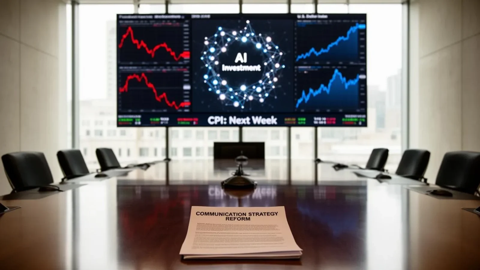 Boardroom with market screens showing AI investments, CPI next week, and stock charts, representing global stock market analysis, inflation data, and investment strategy.
