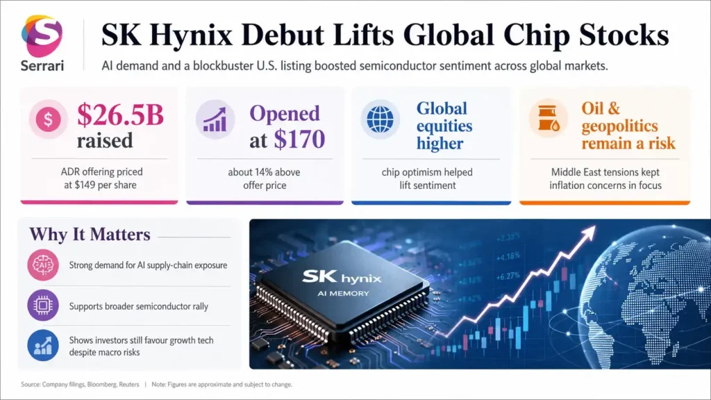Infographic showing SK Hynix’s Nasdaq debut driving a global chip stock rally, highlighting AI semiconductor demand, memory chip growth, investor sentiment, and technology market performance