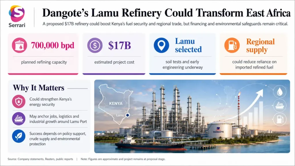 Infographic showing the potential impact of Dangote’s Lamu refinery, highlighting refining capacity, fuel supply, energy security, regional trade, infrastructure development, and economic growth across East Africa