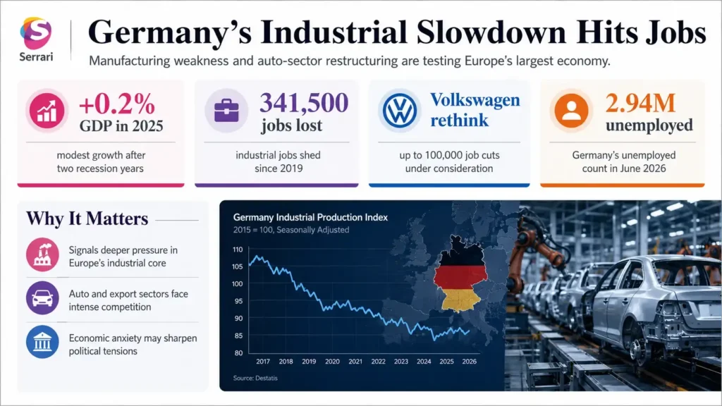 Infographic showing Germany’s industrial employment crisis, highlighting manufacturing trends, job losses, labour market pressures, industrial competitiveness, and the wider impact on Europe’s economy