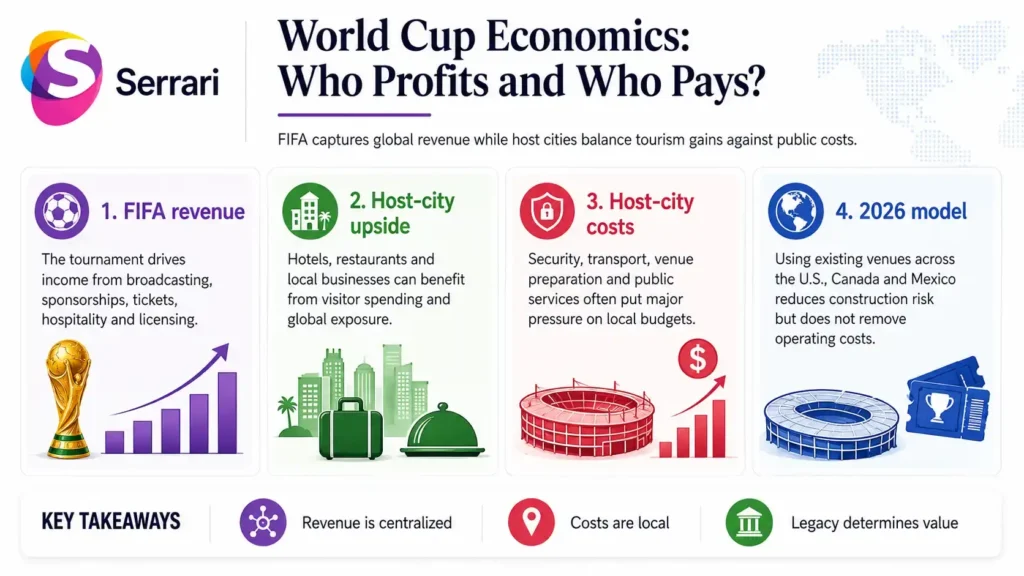 Infographic explaining the economics of the FIFA World Cup, highlighting revenue sources, infrastructure spending, tourism, sponsorships, broadcasting rights, public costs, and long-term economic impacts