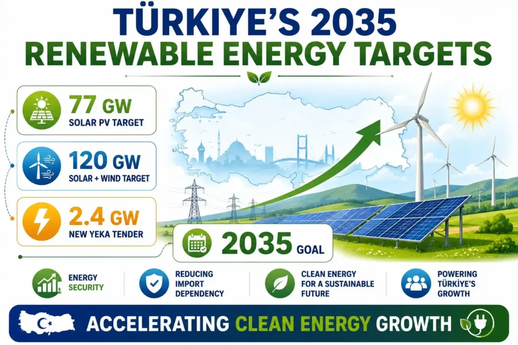 Infographic showing Türkiye's 2035 renewable energy targets, including 120 GW of solar and wind capacity and a new 2.4 GW clean energy tender.