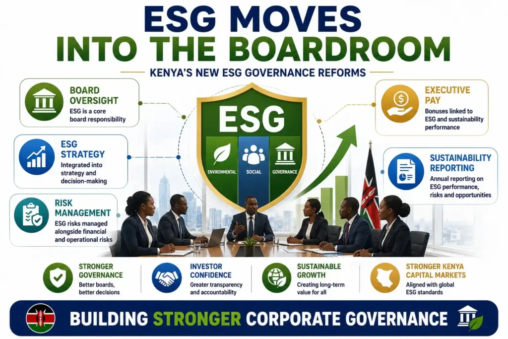 Infographic showing Kenya's new ESG governance reforms integrating board oversight, ESG strategy, executive pay, risk management, and sustainability reporting.