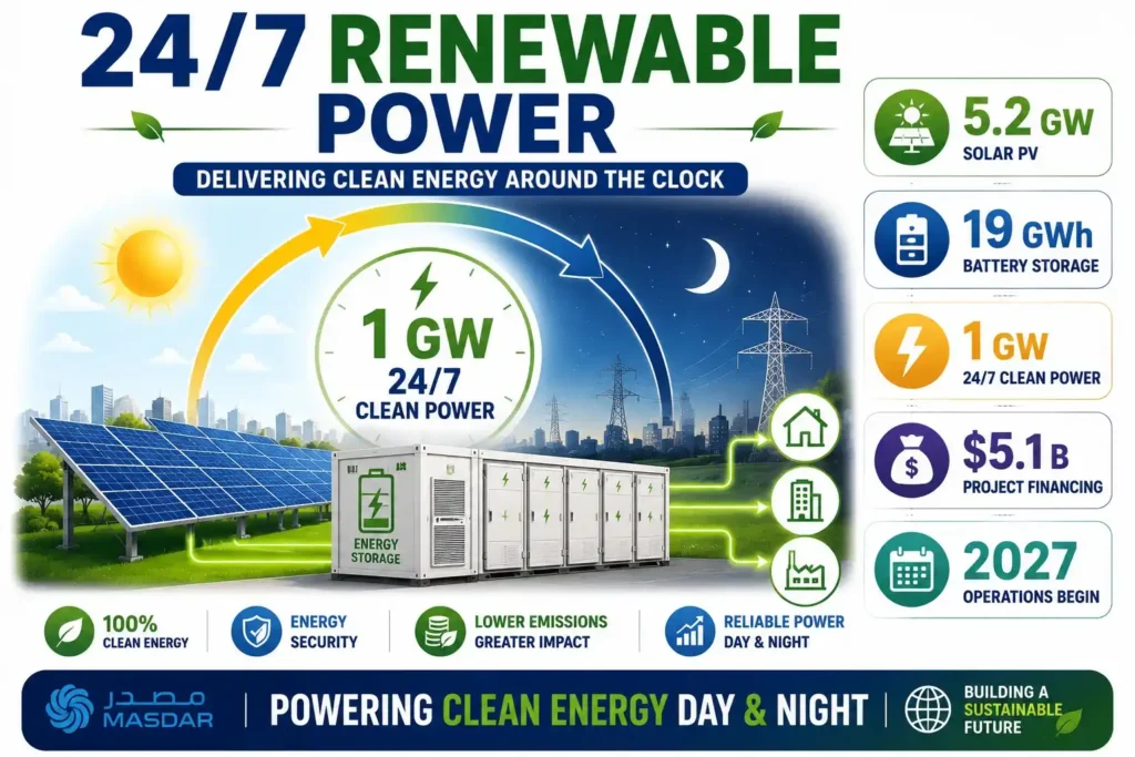 Infographic showing Masdar's 5.2 GW solar project with 19 GWh battery storage delivering 1 GW of continuous clean power 24/7.