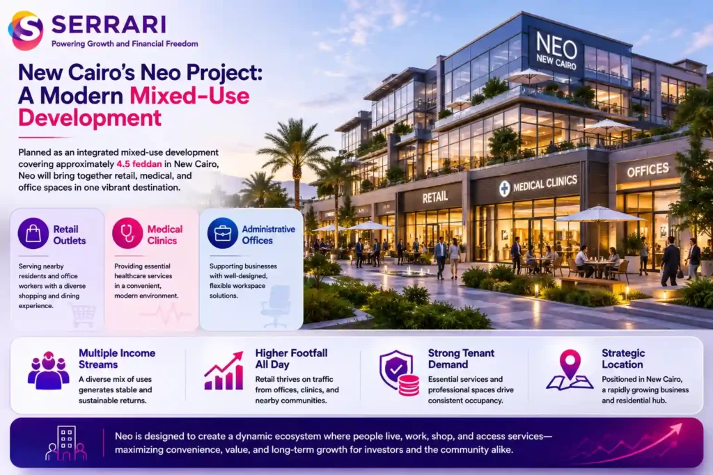 The Neo mixed-use development in New Cairo, a 4.5-feddan project combining retail outlets, medical clinics, and administrative office space. The infographic explains that the integrated development is designed to serve surrounding residential communities and the area's growing business population. It also emphasizes the benefits of mixed-use developments, including multiple income streams, higher visitor traffic throughout the day, stronger demand from office workers and residents for retail businesses, and consistent daily activity generated by medical facilities and professional offices, supporting long-term commercial occupancy and investment value.