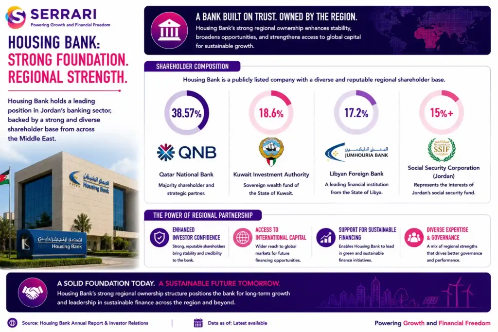 Housing Bank’s strong regional ownership structure and its position within Jordan’s banking sector. The infographic shows that Qatar National Bank (QNB) is the largest shareholder with 38.57%, followed by the Kuwait Investment Authority (18.6%), Libyan Foreign Bank (17.2%), and Jordan’s Social Security Corporation (just over 15%). It emphasizes that the bank’s diverse Middle Eastern shareholder base strengthens investor confidence, enhances financial stability, and broadens access to international capital markets to support future sustainable financing initiatives.