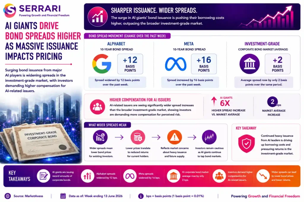 The impact of heavy AI-related corporate bond issuance on the investment-grade bond market. The infographic shows that Alphabet’s 10-year bond spread widened by 12 basis points and Meta’s comparable bond spread increased by 16 basis points over the past week, compared with a 2 basis point increase across the broader investment-grade corporate bond market. It emphasizes that investors are demanding higher compensation for AI-related issuers as record bond issuance increases supply, widens credit spreads, and raises concerns about downward pressure on bond prices and returns for existing investors.